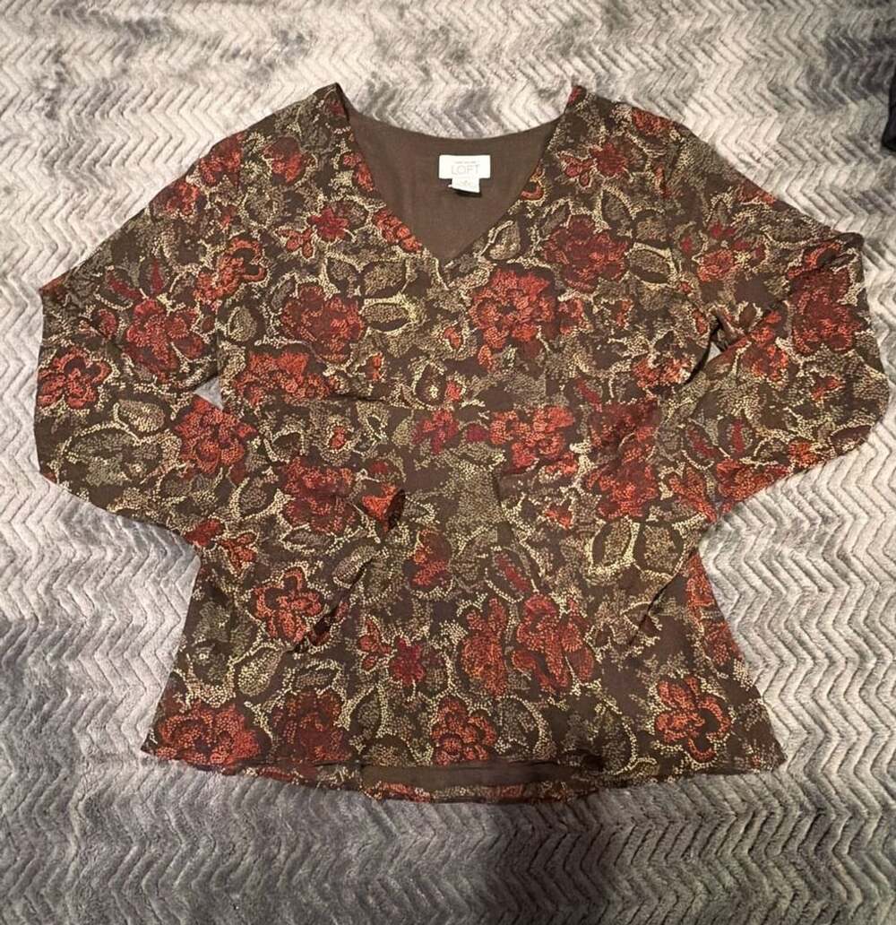 Ann Taylor Loft Silk Floral Blouse Size 4 Brown Red Long Sleeve Top